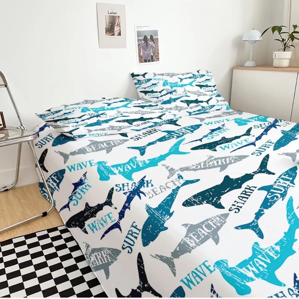 Shark Fish Print Kids Duvet Cover Set King Bedding Cover Set Boys Girls Duvet